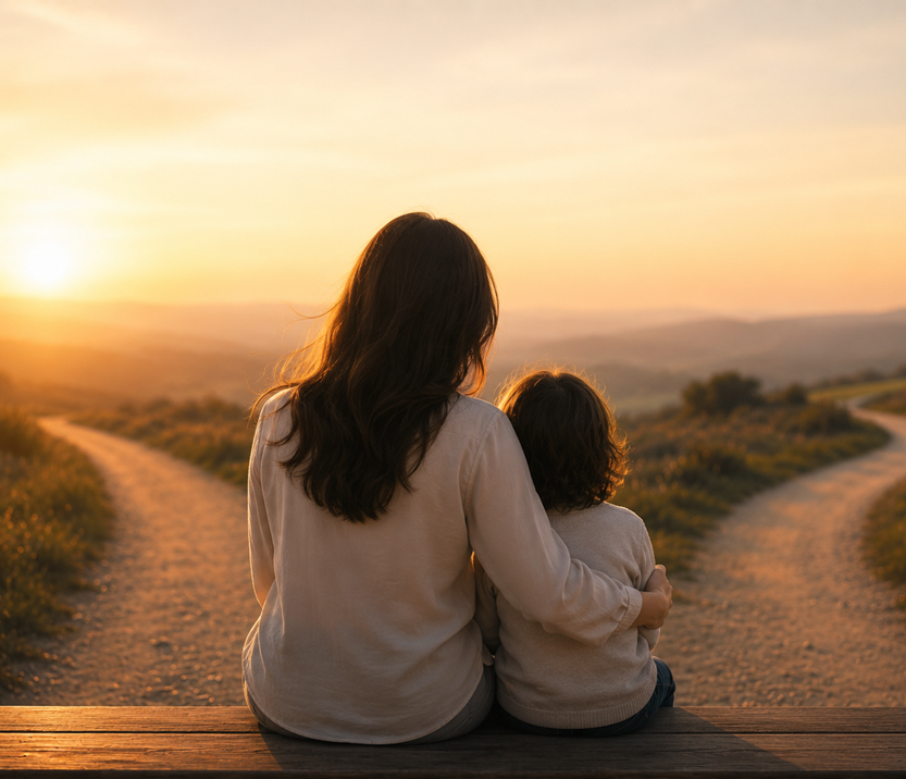 Mother and child looking at two ways