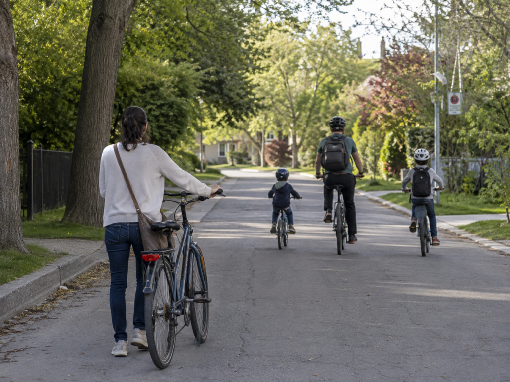 Family of four cycling together, representing the decision to have a second child.