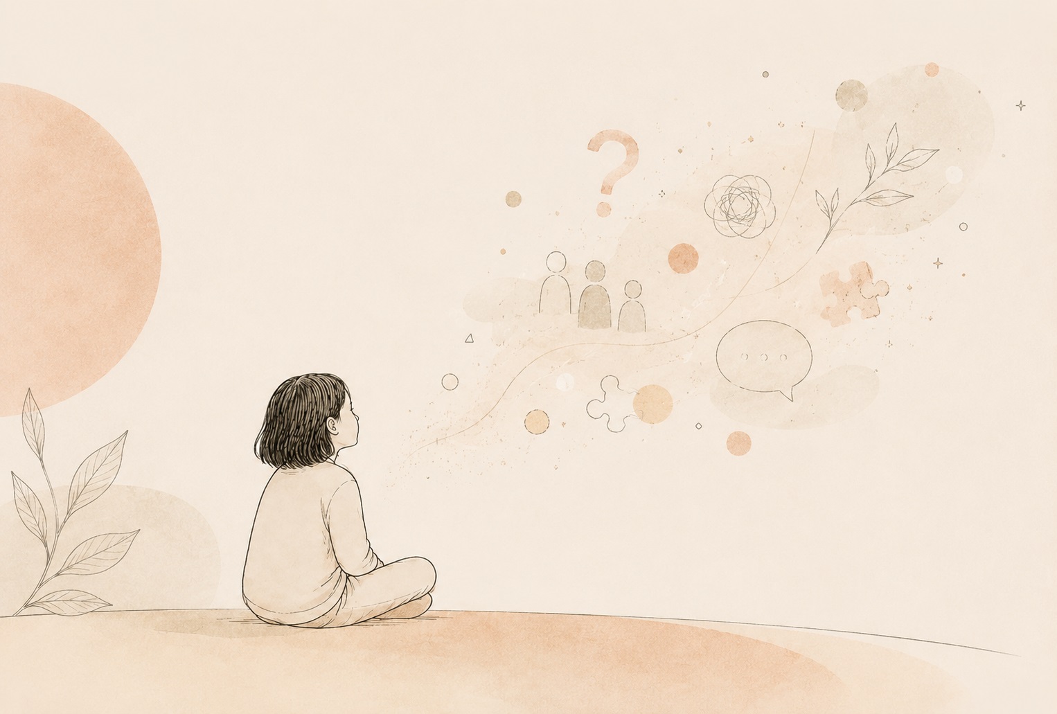 Only child myths shown as abstract shapes floating in front of a sitting child.