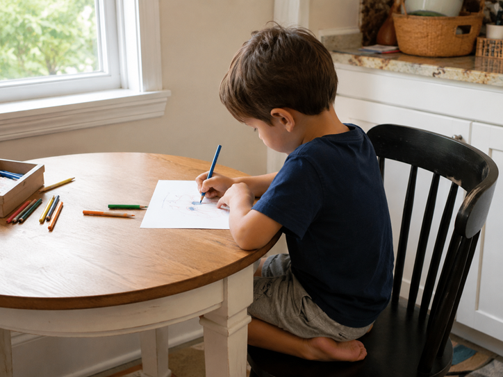 A young boy sits comfortably at a table drawing independently, absorbed in a quiet everyday activity.