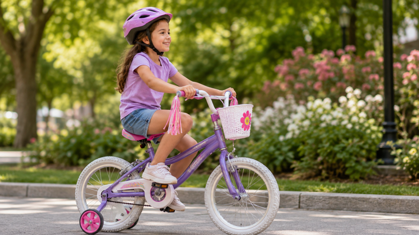 Severn-year-old girl riding a bicycle without training wheels