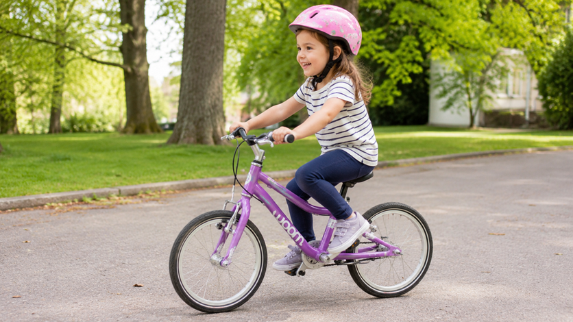 Four-year-old girl riding a bicycle without training wheels