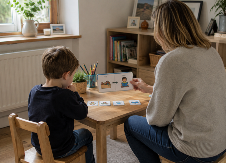 Child  with ASD level 1 diagnosis using visual instruction cards with an adult, showing how autism support can provide structure and clearer communication.